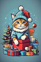 cute christmas cat sticker with christmas tree, sanatas hat, gift box, ai generate photo