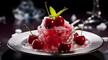 Photo of Cherry Ice as a dish in a high-end restaurant. Generative AI