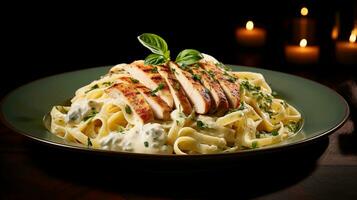 Photo of Chicken Alfredo as a dish in a high-end restaurant. Generative AI