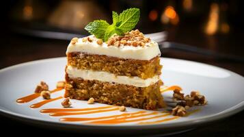 Photo of Carrot Cake as a dish in a high-end restaurant. Generative AI