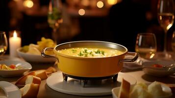 Photo of Cheese Fondue as a dish in a high-end restaurant. Generative AI