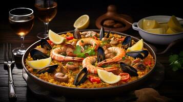 Photo of Caribbean Seafood Paella as a dish in a high-end restaurant. Generative AI