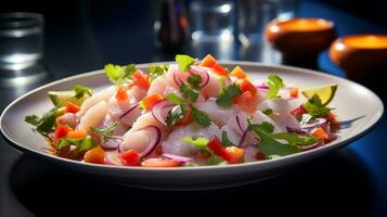 foto de ceviche como un plato en un gama alta restaurante. generativo ai