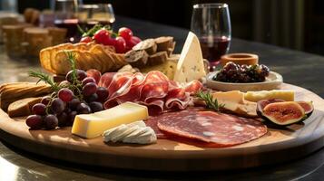 Photo of Cheese and Charcuterie Board as a dish in a high-end restaurant. Generative AI