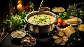 foto de queso fondue como un plato en un gama alta restaurante. generativo ai