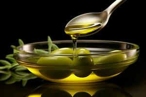 Versatile olive oil gracefully fills a spoon, showcasing its diverse forms AI Generated photo