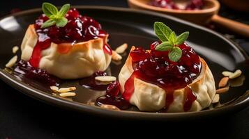 Photo of Cranberry Brie Bites as a dish in a high-end restaurant. Generative AI