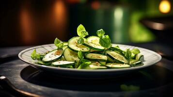 Photo of Cucumber Salad as a dish in a high-end restaurant. Generative AI