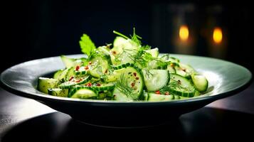 Photo of Cucumber Salad as a dish in a high-end restaurant. Generative AI