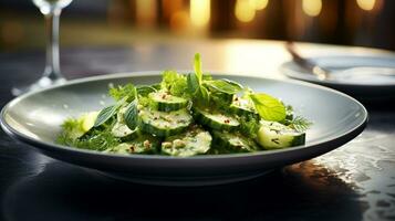 Photo of Cucumber Salad as a dish in a high-end restaurant. Generative AI