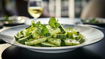 Photo of Cucumber Salad as a dish in a high-end restaurant. Generative AI