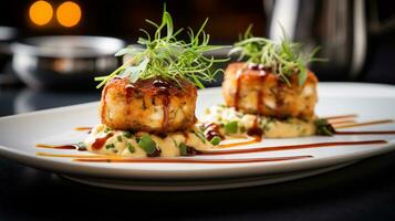 Photo of Crab Cakes as a dish in a high-end restaurant. Generative AI