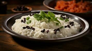 Photo of Coconut Rice and Black Beans as a dish in a high-end restaurant. Generative AI