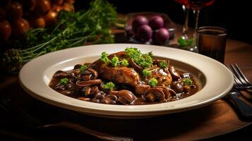 Photo of Coq au Vin as a dish in a high-end restaurant. Generative AI