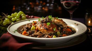 Photo of Coq au Vin as a dish in a high-end restaurant. Generative AI