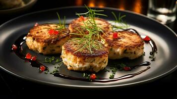 Photo of Crab Cakes as a dish in a high-end restaurant. Generative AI