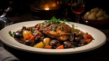 Photo of Coq au Vin as a dish in a high-end restaurant. Generative AI