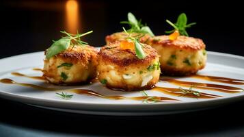 Photo of Crab Cakes as a dish in a high-end restaurant. Generative AI