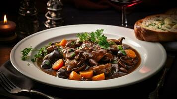 Photo of Coq au Vin as a dish in a high-end restaurant. Generative AI