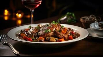 Photo of Coq au Vin as a dish in a high-end restaurant. Generative AI