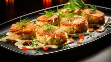 Photo of Crab Cakes as a dish in a high-end restaurant. Generative AI
