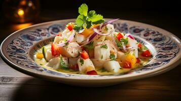 foto de Coco ceviche como un plato en un gama alta restaurante. generativo ai