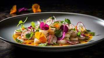 Photo of Coconut Ceviche as a dish in a high-end restaurant. Generative AI