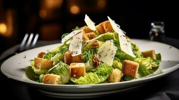 Photo of Classic Caesar Salad as a dish in a high-end restaurant. Generative AI