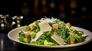 Photo of Classic Caesar Salad as a dish in a high-end restaurant. Generative AI