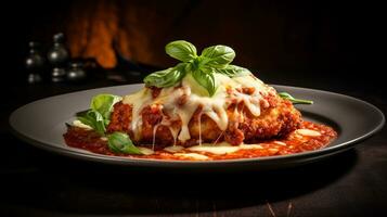 Photo of Chicken Parmesan as a dish in a high-end restaurant. Generative AI