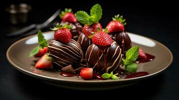 Photo of Chocolate Covered Strawberries as a dish in a high-end restaurant. Generative AI