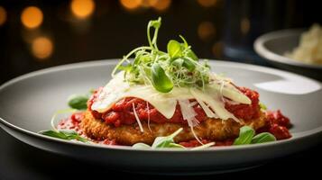 Photo of Chicken Parmesan as a dish in a high-end restaurant. Generative AI