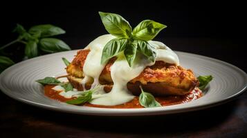 Photo of Chicken Parmesan as a dish in a high-end restaurant. Generative AI