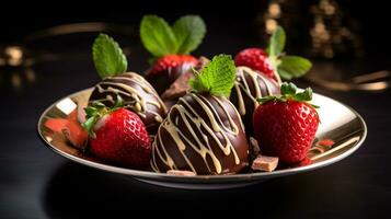foto de chocolate cubierto fresas como un plato en un gama alta restaurante. generativo ai