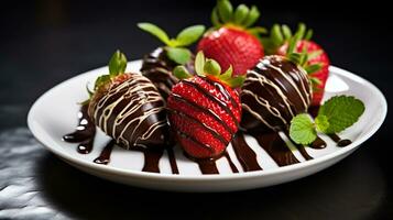 foto de chocolate cubierto fresas como un plato en un gama alta restaurante. generativo ai