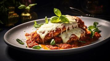 Photo of Chicken Parmesan as a dish in a high-end restaurant. Generative AI