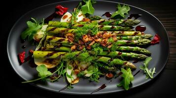 Photo of Grilled Asparagus Salad as a dish in a high-end restaurant. Generative AI