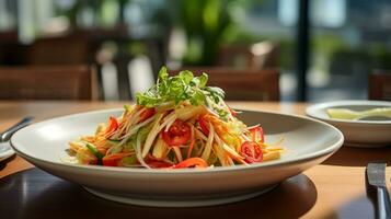 foto de verde papaya ensalada como un plato en un gama alta restaurante. generativo ai