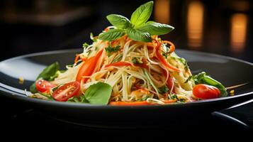 foto de verde papaya ensalada como un plato en un gama alta restaurante. generativo ai