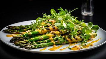 Photo of Grilled Asparagus Salad as a dish in a high-end restaurant. Generative AI