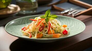 foto de verde papaya ensalada como un plato en un gama alta restaurante. generativo ai