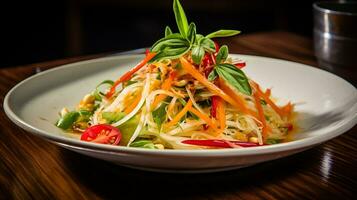 foto de verde papaya ensalada como un plato en un gama alta restaurante. generativo ai