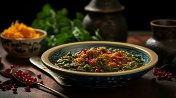 Photo of Ghormeh Sabzi as a dish in a high-end restaurant. Generative AI