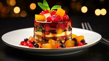 Photo of Fruitcake as a dish in a high-end restaurant. Generative AI