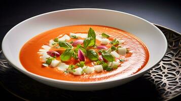 Photo of Gazpacho as a dish in a high-end restaurant. Generative AI