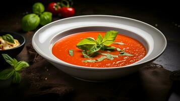 Photo of Gazpacho as a dish in a high-end restaurant. Generative AI