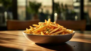 foto de francés papas fritas como un plato en un gama alta restaurante. generativo ai