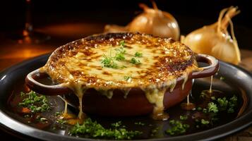 Photo of French Onion Soup as a dish in a high-end restaurant. Generative AI