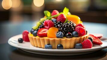 Photo of Fresh Fruit Tart as a dish in a high-end restaurant. Generative AI