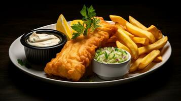 Photo of Fish and Chips as a dish in a high-end restaurant. Generative AI